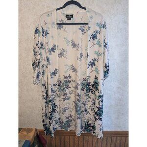 Angie's Women's Cardigan Size Lg Whit Blue Roses Open Front Summer Beach Rayon